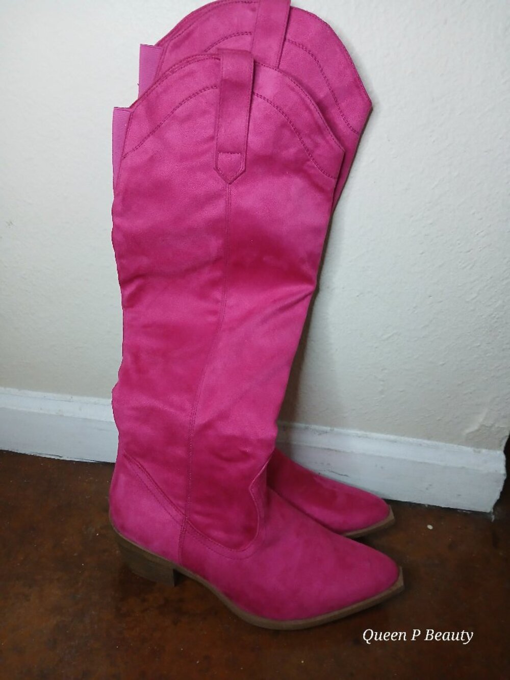 Women's Hot Pink Faux Suede Knee High Western Cowboy Boots